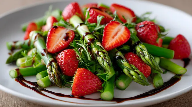 Frischer Salat mit grünem Spargel und Erdbeeren