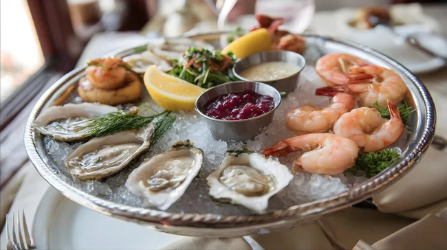 Frischer Seafood-Teller mit Shrimps und Austern