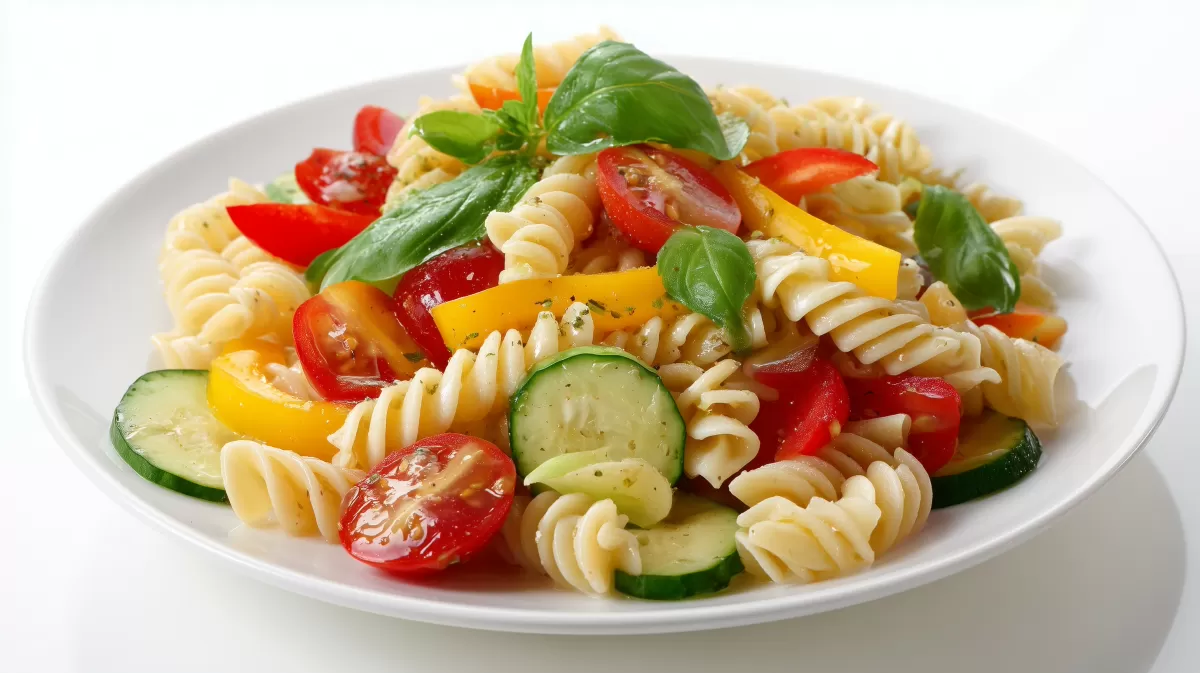 Frischer Sommer-Nudelsalat mit Gemüse und Basilikum