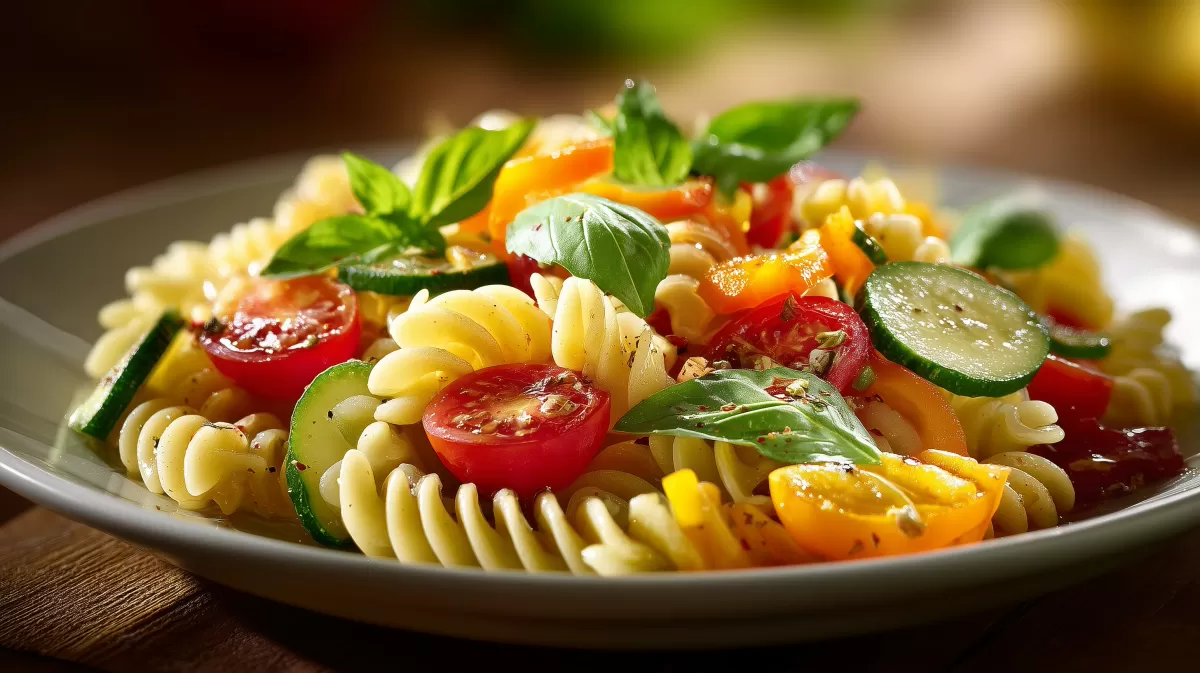 Frischer Sommernudelsalat mit Tomaten und Basilikum