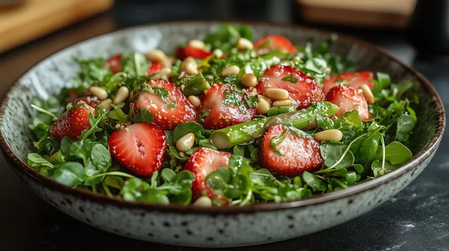 Frischer Sommersalat mit Erdbeeren und Spargel