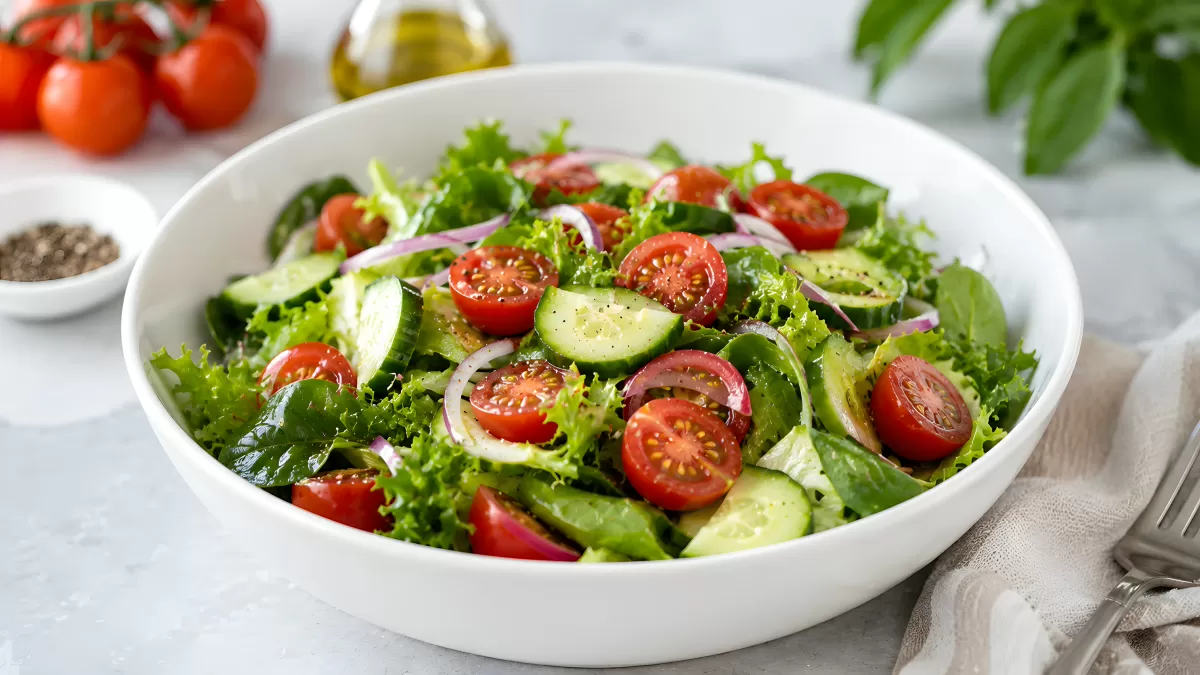 Frischer Sommersalat mit Tomaten und Gurken