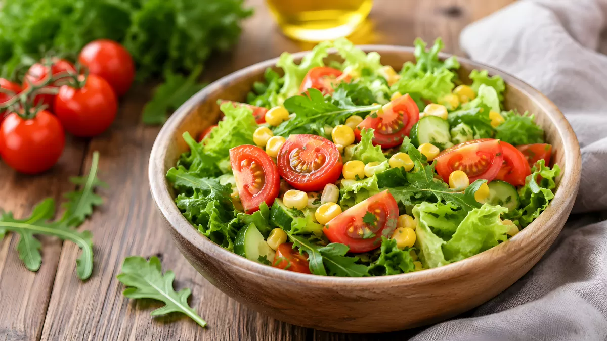 Frischer Sommersalat mit Tomaten und Mais in Holzschüssel