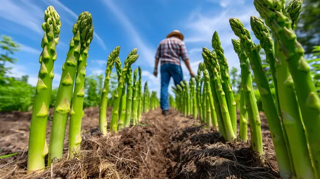 Frischer Spargel auf Feld mit Landarbeiter