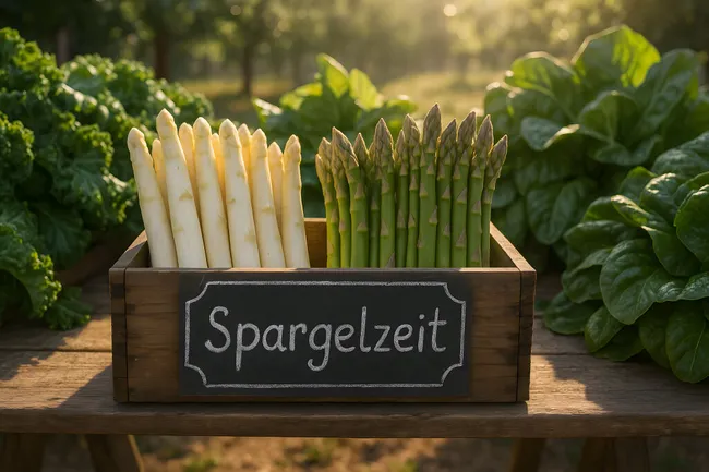 Frischer Spargel in rustikaler Holzkiste - Saisonale Gartenidylle