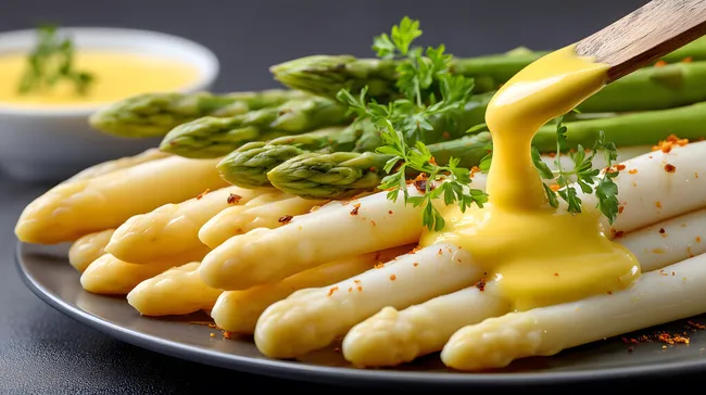 Frischer Spargel mit Sauce Hollandaise auf dunklem Teller