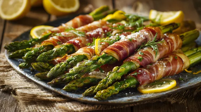 Frischer Spargel-Schinken-Salat auf rustikalem Holzteller