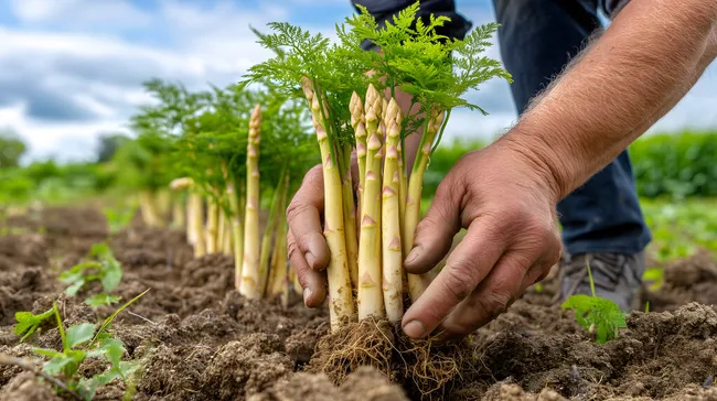 Frischer Spargel wird von Hand geerntet auf dem Feldrand