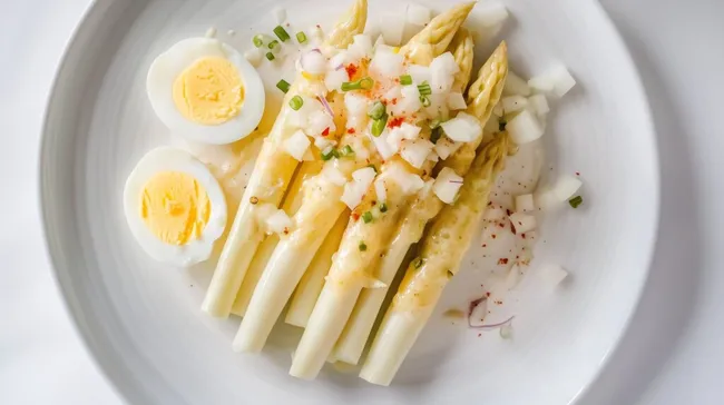 Frischer Spargelsalat mit Ei und Zwiebeln