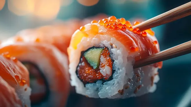 Frischer Sushi-Roll mit Lachs und Kaviar