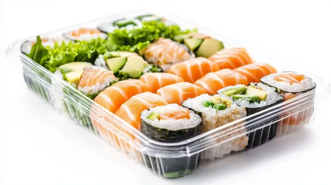 Frischer Sushi-Teller mit Lachs und Gurke