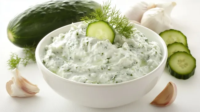 Frischer Tatziki-Dip mit Gurke und Knoblauch