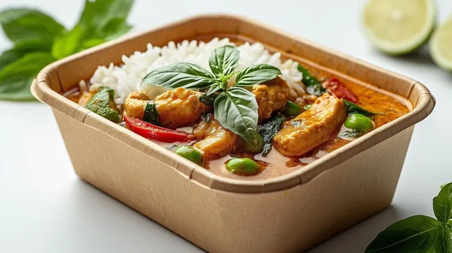 Frischer Thai-Curry mit Jasminreis in Bio-Schale