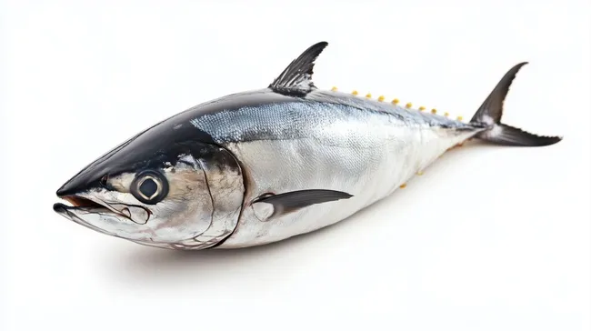 Frischer Thunfisch mit glänzender Haut auf weißem Grund