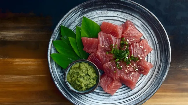 Frischer Thunfisch-Sashimi mit Wasabi und Shiso-Blättern