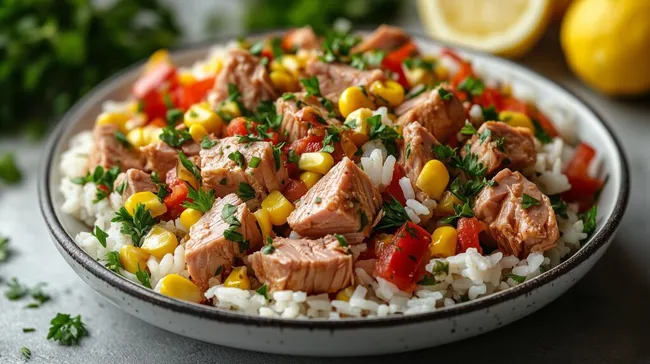 Frischer Thunfischsalat mit Reis und buntem Gemüse