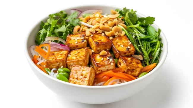 Frischer Tofu-Salat mit Gemüse in rustikaler Schüssel