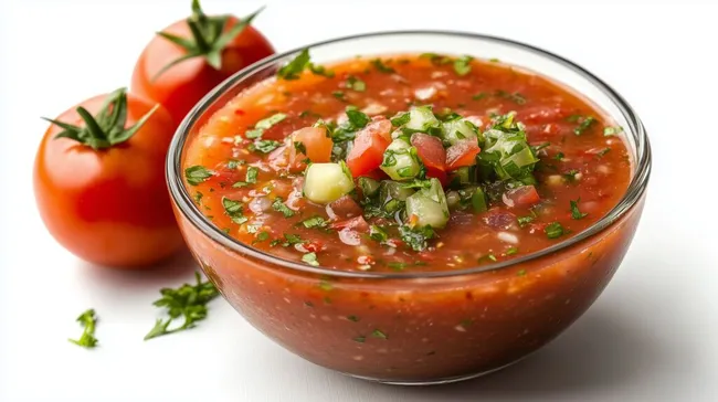 Frischer Tomaten-Gazpacho-Salat in rustikaler Schüssel