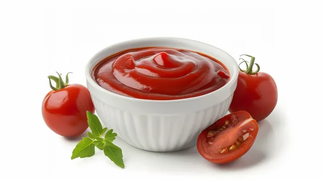 Frischer Tomatenketchup in rustikaler Keramikschale