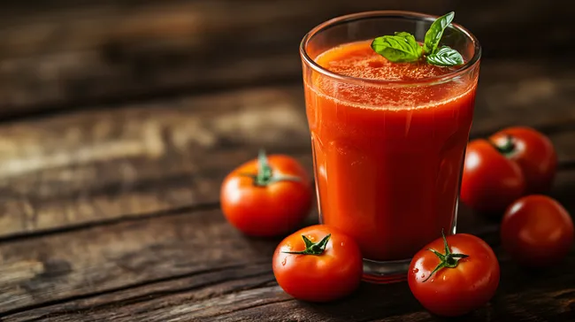 Frischer Tomatensaft in rustikaler Umgebung