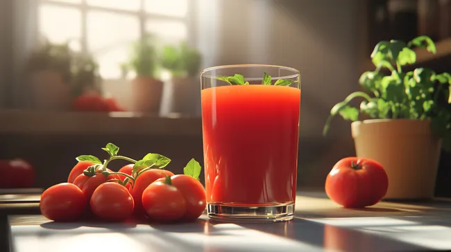 Frischer Tomatensaft mit grünen Kräutern