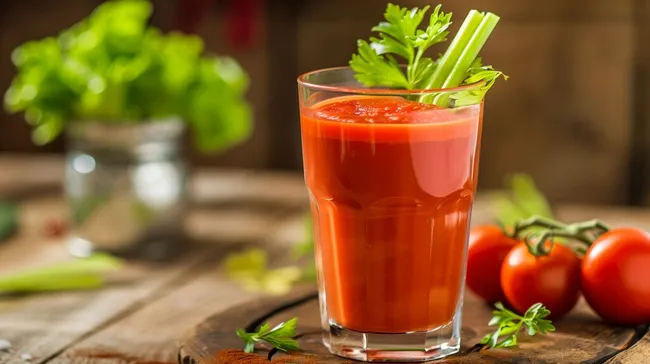 Frischer Tomatensaft mit Sellerie und Kräutern