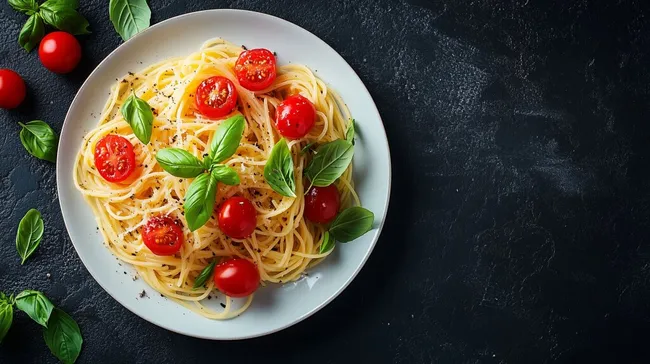 Frischer Tomatensalat auf rustikaler Platte mit Pasta