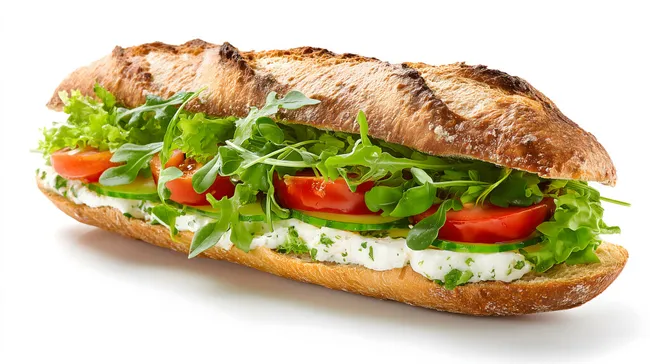 Frischer Tomatensalat im Baguette auf weißem Hintergrund