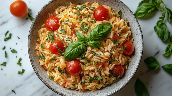 Frischer Tomatensalat mit Basilikum und Nudeln