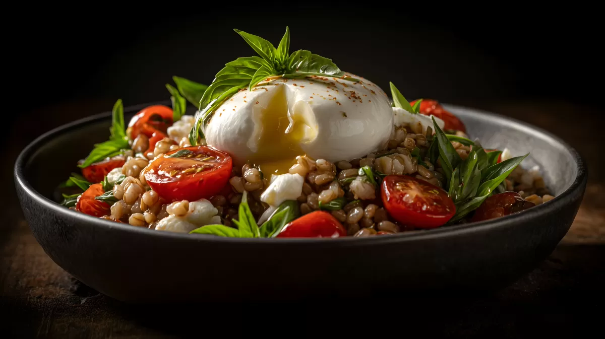 Frischer Tomatensalat mit Burrata und Farro in rustikaler Schale