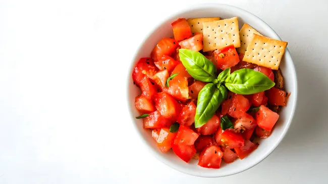 Frischer Tomatensalat mit Crackern in rustikaler Schüssel