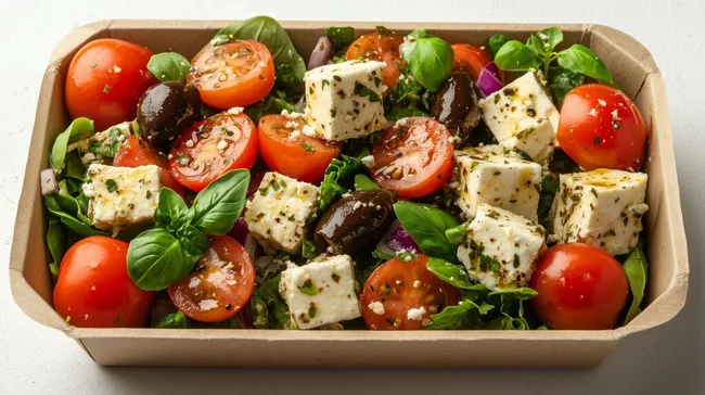 Frischer Tomatensalat mit Feta in rustikaler Schale