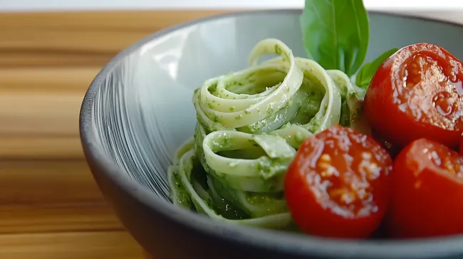 Frischer Tomatensalat mit Pestopasta und Basilikum