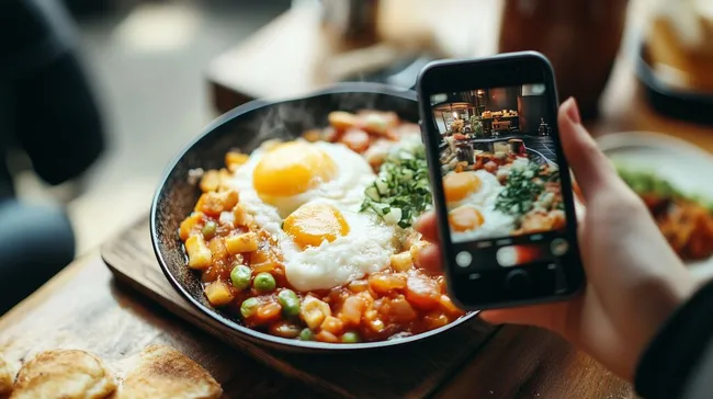 Frischer Tomatensalat mit Spiegeleiern in rustikaler Holzschale