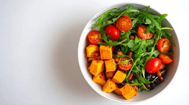 Frischer Tomatensalat mit Süßkartoffeln und Rucola
