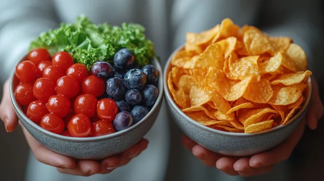 Frischer Tomatensalat und knackige Chips - gesunde Snacks