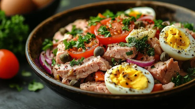 Frischer Tomatentaunsalat mit Ei und Kapern
