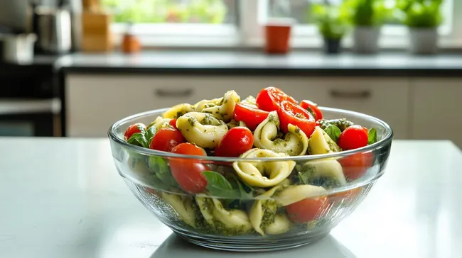 Frischer Tortellini-Salat mit Pesto und Kirschtomaten