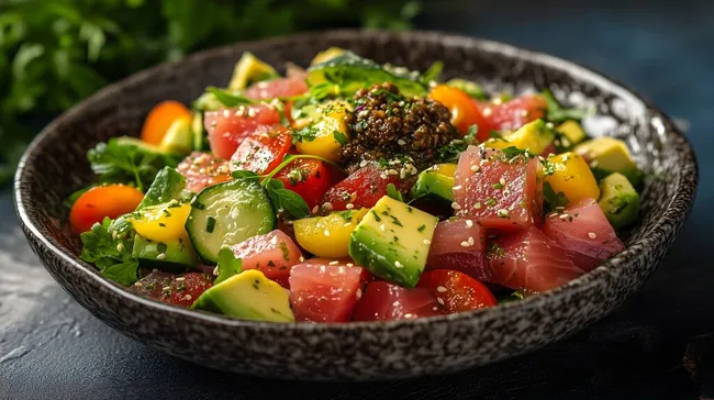 Frischer Tunfisch-Carpaccio-Salat mit Avocado und Gemüse