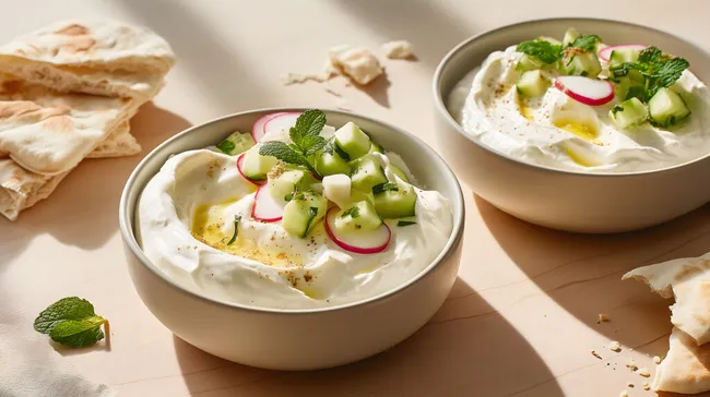 Frischer Tzatziki-Salat mit Gemüse und Fladenbrot