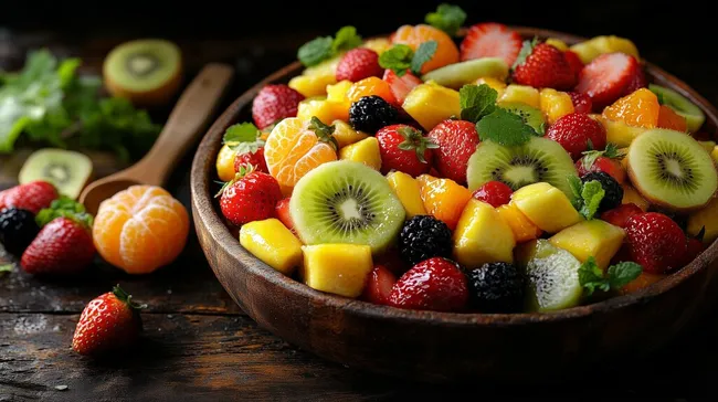 Frischer und bunter Obstsalat in rustikaler Holzschale