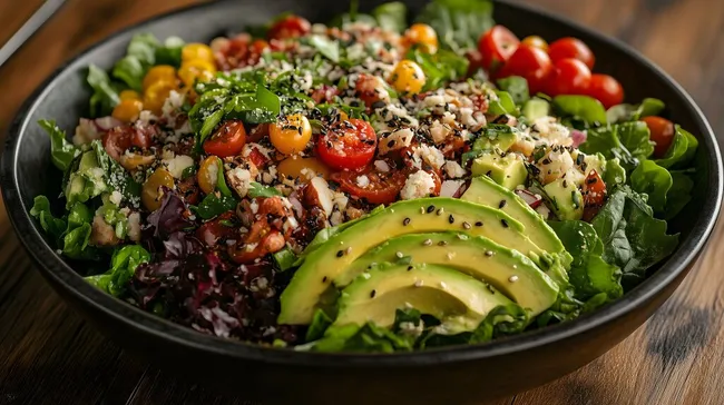 Frischer veganer Salat mit Avocado, Kirschtomaten und Sesam