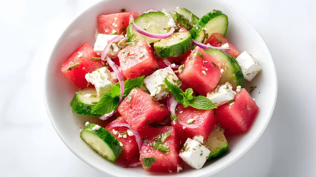 Frischer Wassermmelonensalat mit Gurke und Feta