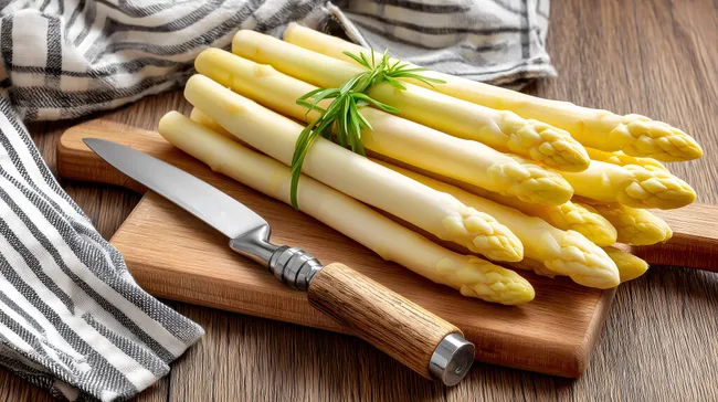 Frischer weißer Spargel auf Holzbrett mit Messer