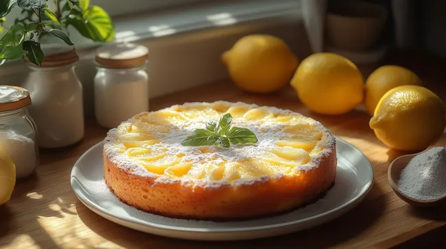 Frischer Zitronen-Kuchen mit Puderzucker und Zitrusfrüchten