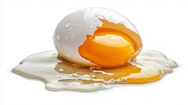 Frisches, aufgeschlagenes Hühnerei auf weißem Hintergrund