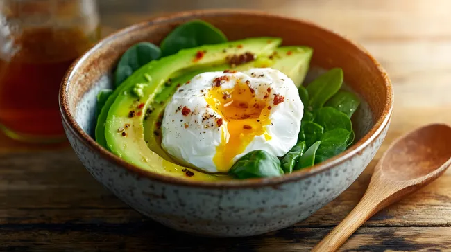 Frisches Avocado-Spinat-Gericht mit pochiertem Ei