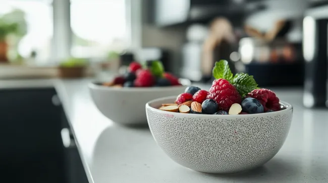 Frisches Beerenobst mit Mandeln in dekorierter Schale