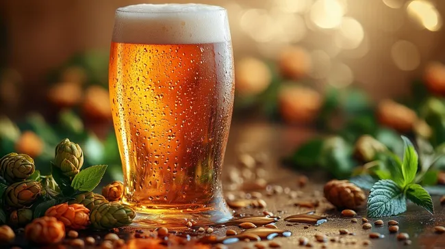 Frisches Bier mit Hopfen und Malz in rustikaler Umgebung