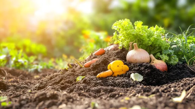 Frisches Biogemüse auf Komposthaufen in der Morgensonne